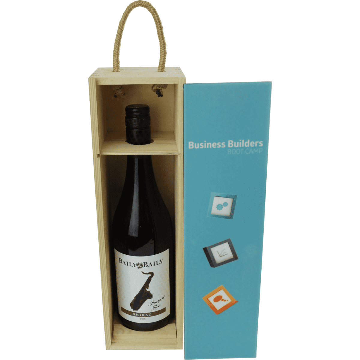 A wooden wine box with a full colour sublimated cover, featuring a wine bottle and a rope handle.