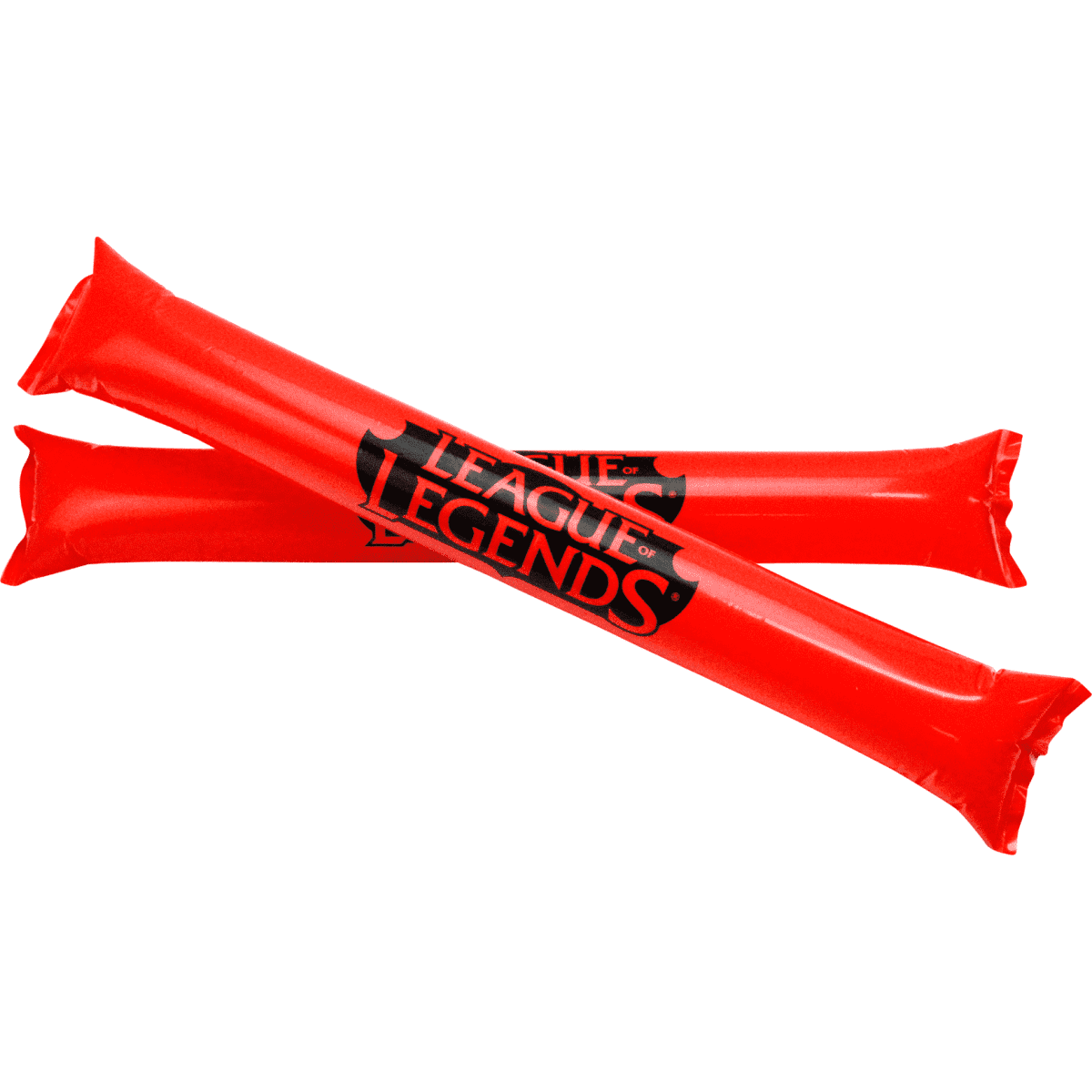 Two inflatable noisemakers in bright red, featuring a logo in black, positioned on a white background.