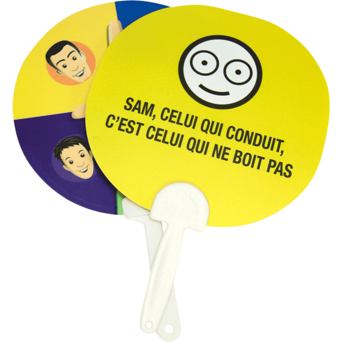 A hand fan in vibrant yellow with a logo, featuring various faces and playful graphics on both sides.