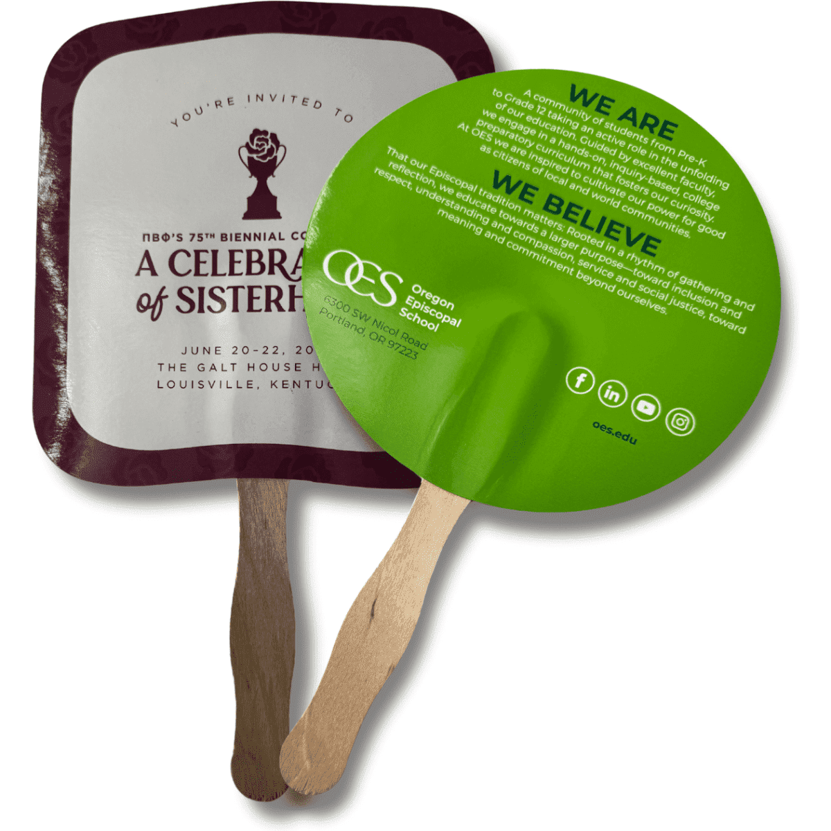 A custom hand fan measuring 17cm, featuring eco-friendly cardboard in green and maroon colours, with wooden handles.