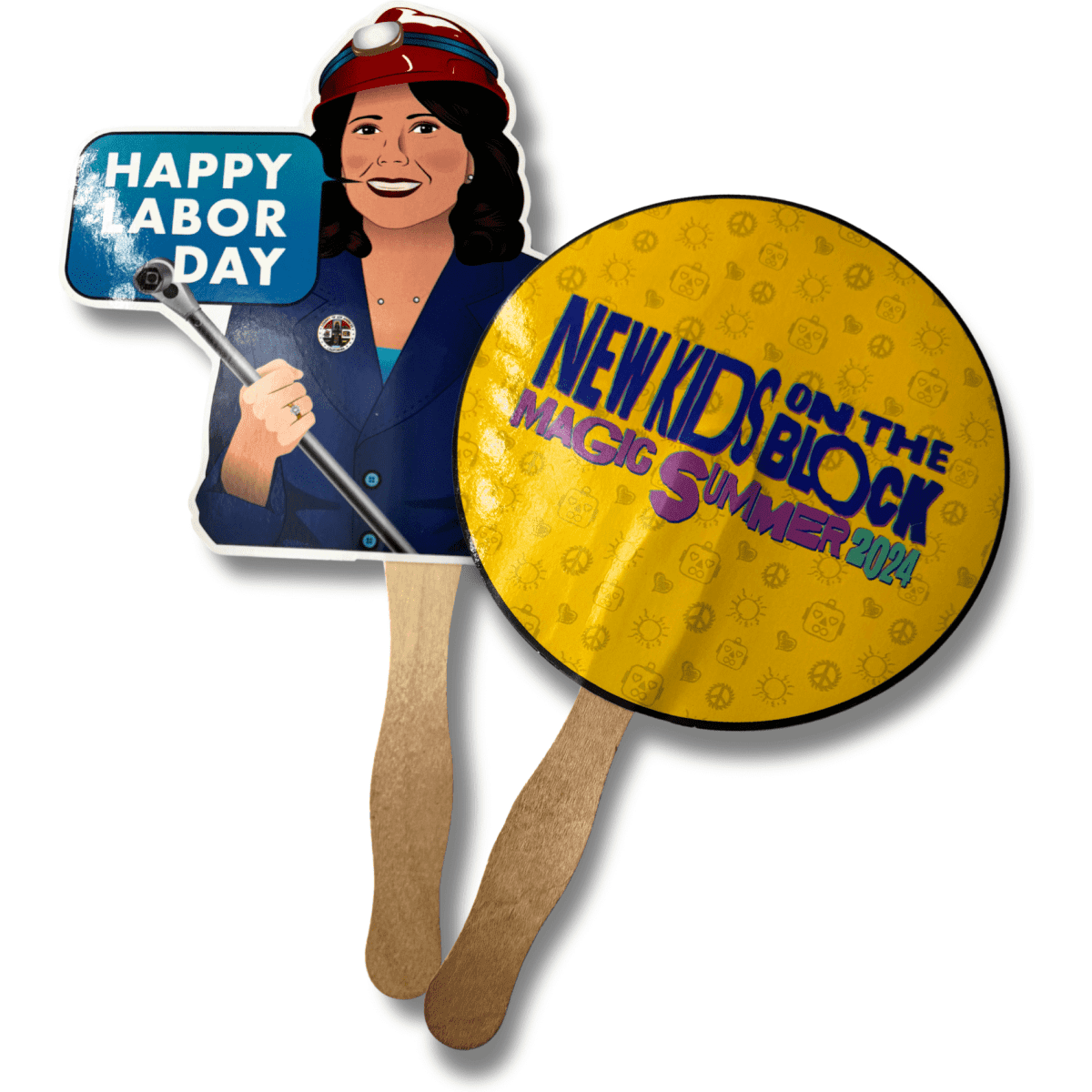 Two custom hand fans: one is round and yellow with a logo, the other features a woman in a red hat holding a sign.