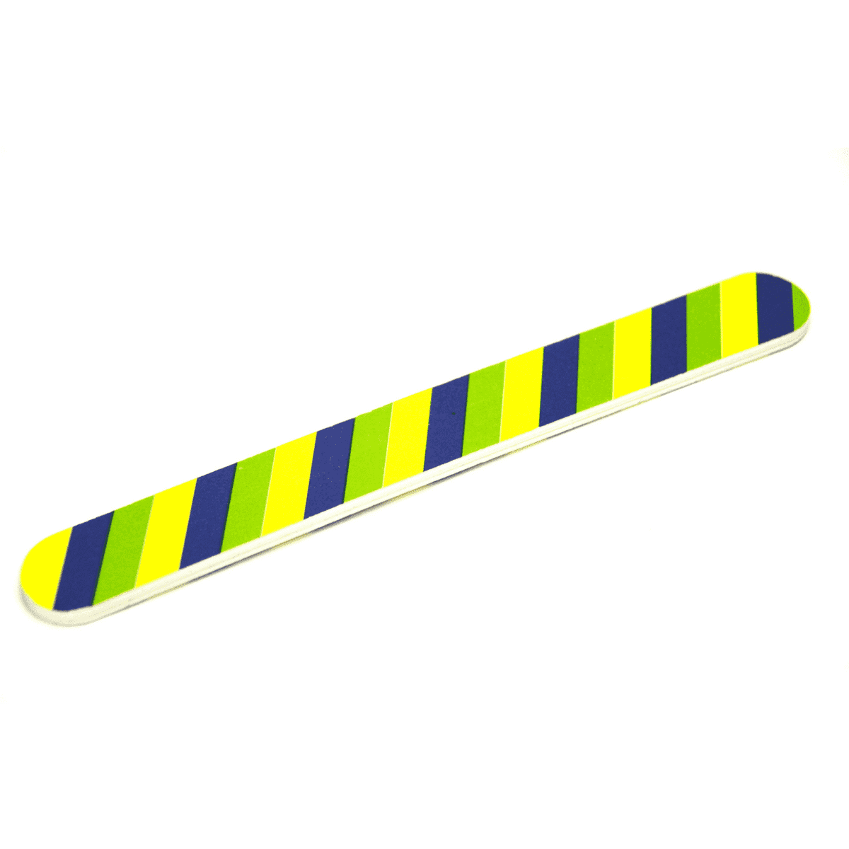 A nail file featuring a printed design in vibrant green and blue stripes, with a smooth white edge and a logo.