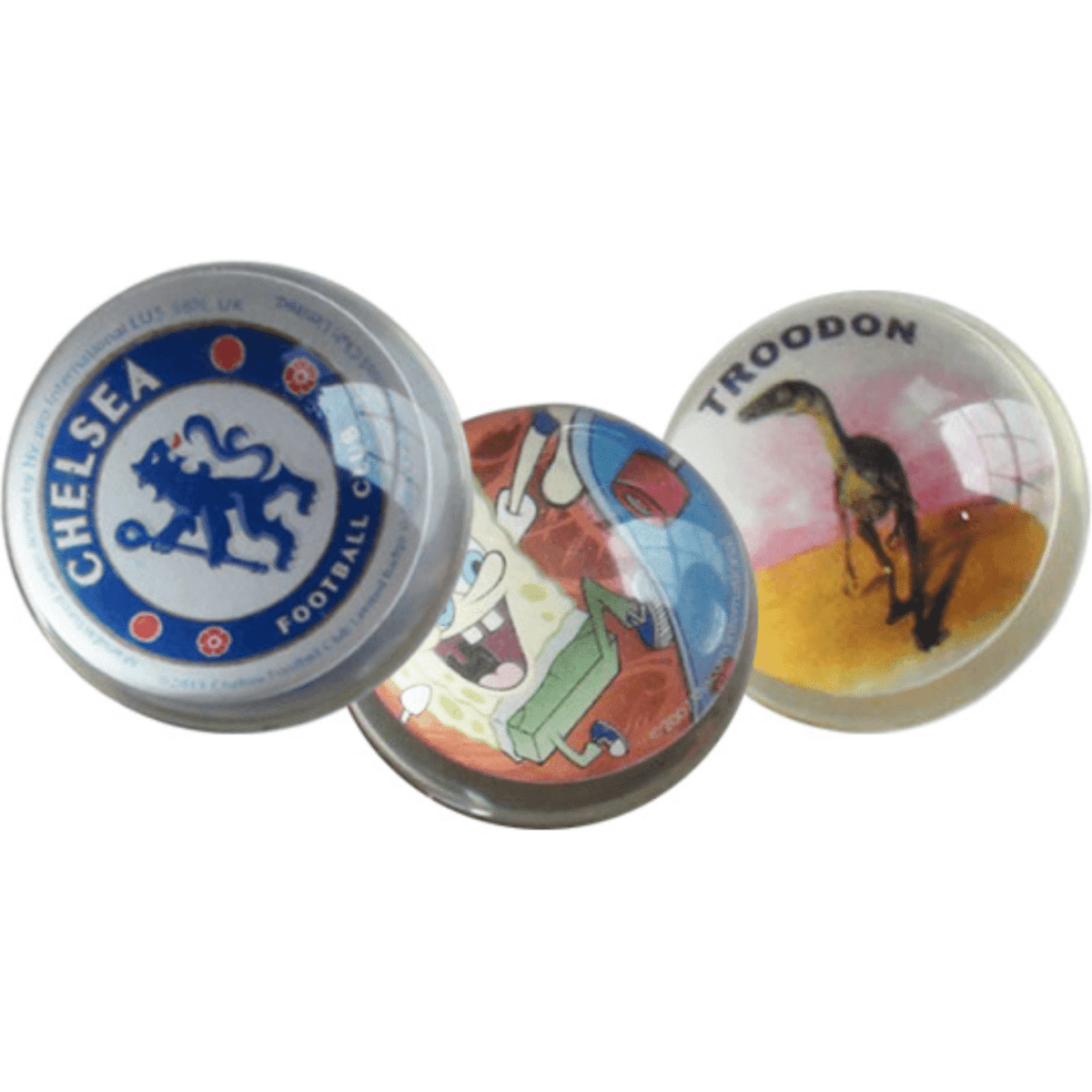 Three bouncy balls featuring designs in blue, red, and multi-coloured patterns, including a dinosaur and cartoon characters.