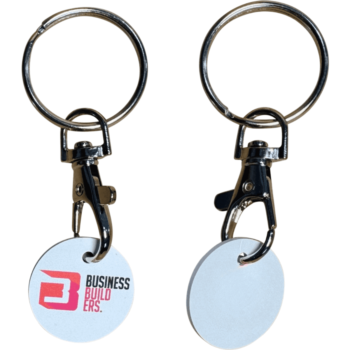 A round, white trolley coin with a black carabiner keyring, featuring a logo on one side.