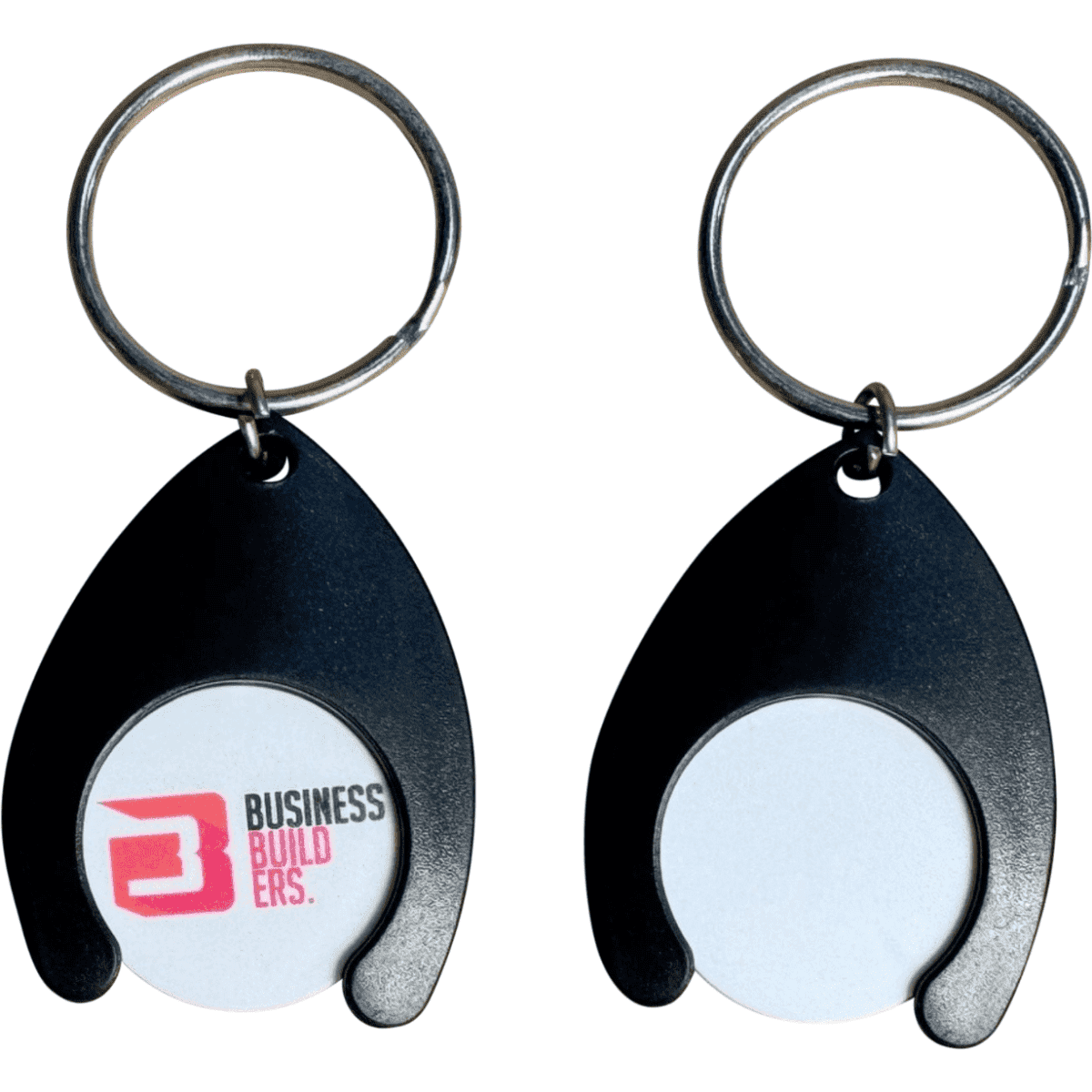 A black horseshoe-shaped trolley coin keychain with a logo on one side and a blank side for custom prints.