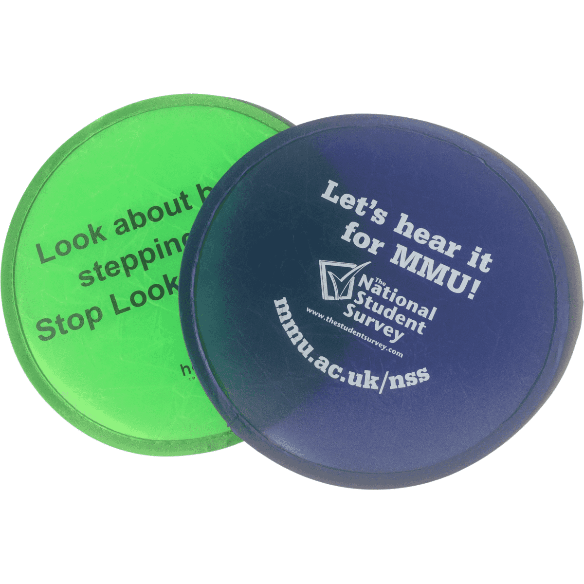 A foldable frisbee in green and blue, featuring a logo and various printed texts on both sides.