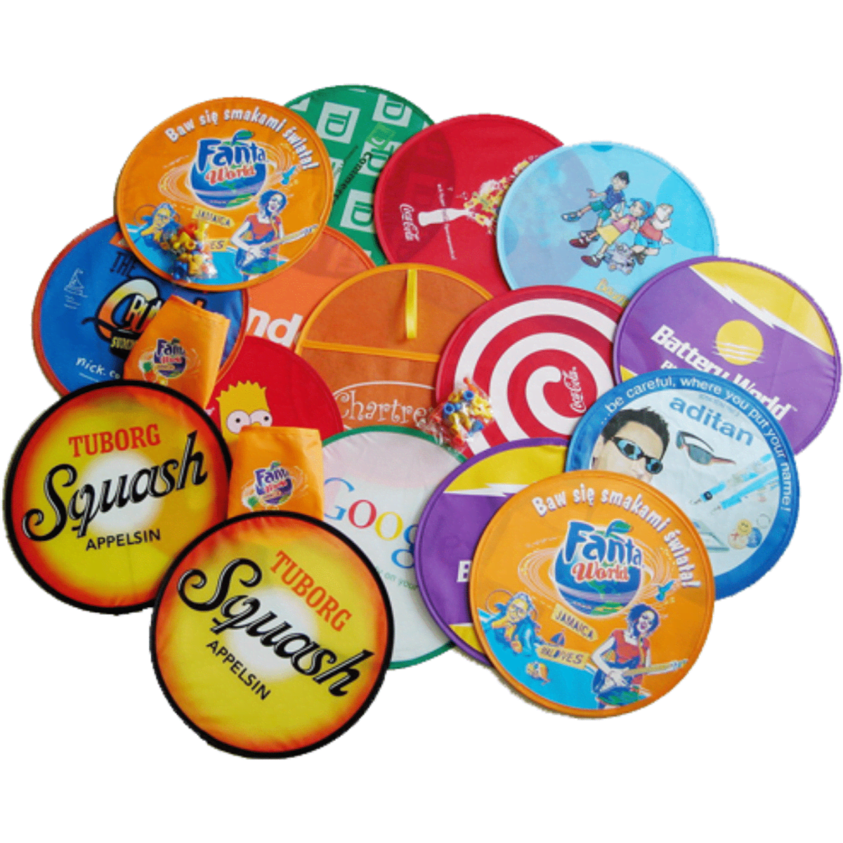 A variety of colourful promotional frisbees featuring different logos and designs, arranged in a scattered layout.