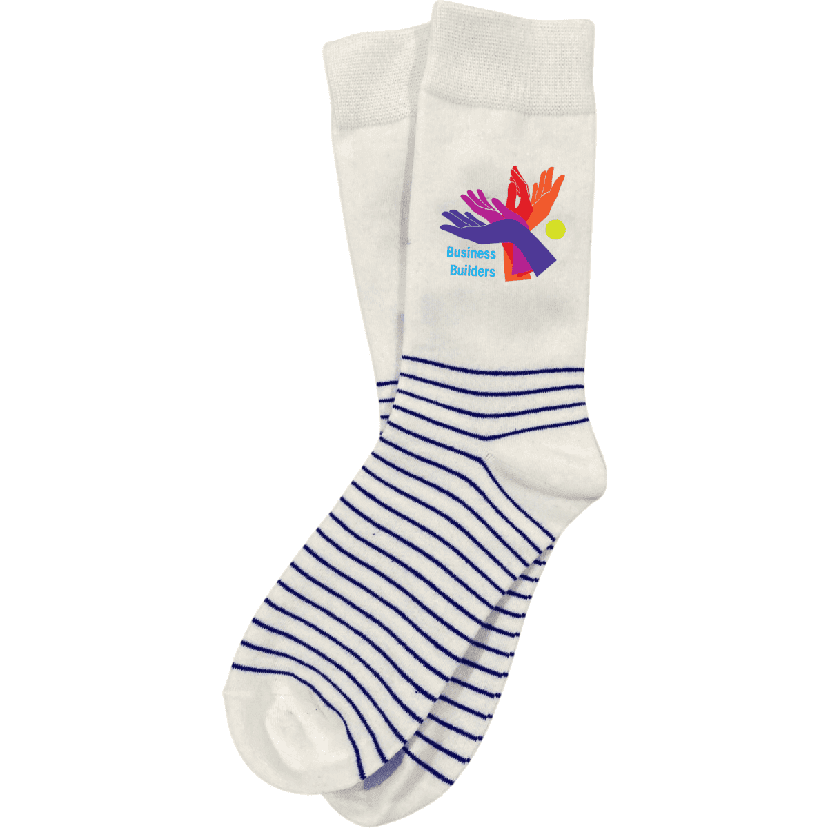 A pair of white socks with purple stripes and a colourful logo on the side.