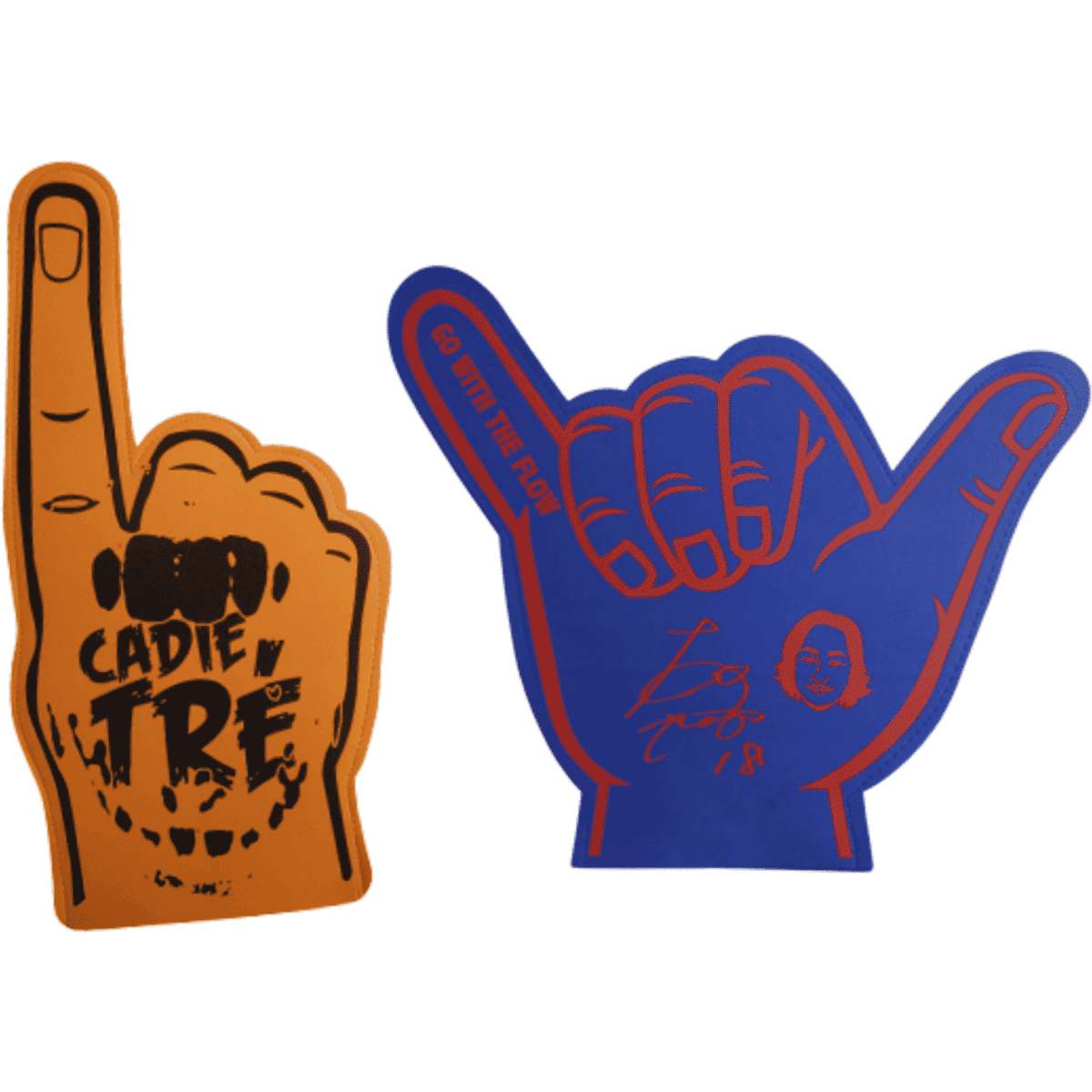 Two foam fingers are displayed, one orange with a raised index finger and one blue in a 'shaka' gesture. Both feature logos.