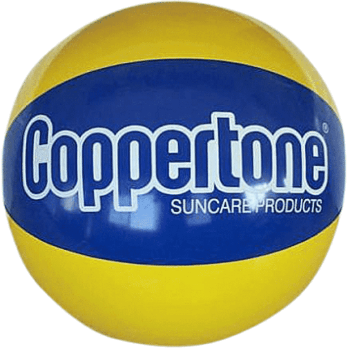 A beach ball featuring yellow and blue panels, with a logo printed on the surface.