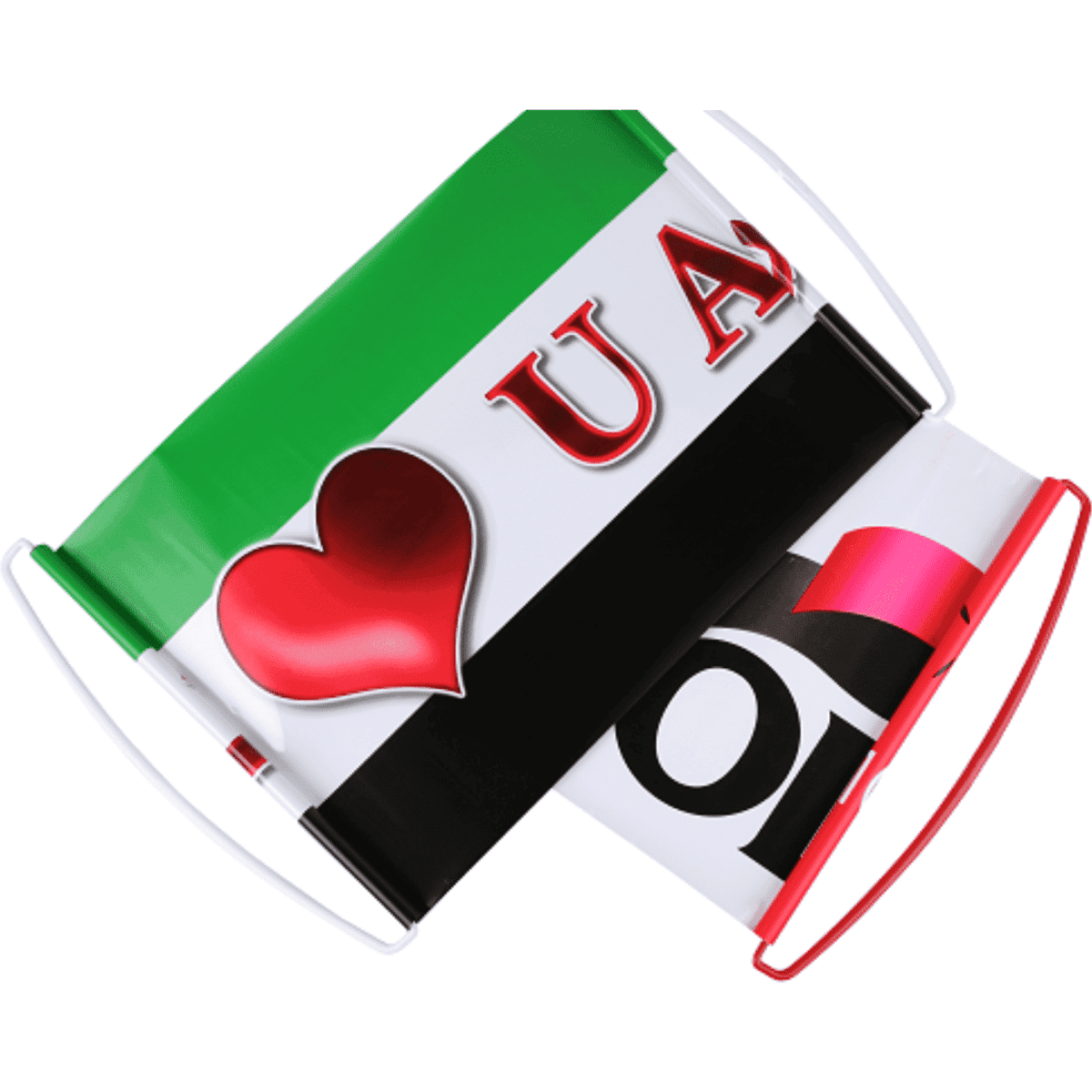 A hand banner featuring green, black, and red colours with a heart graphic and a logo.