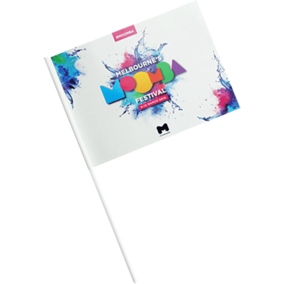 A double-sided laminated paper flag on a plastic pole, featuring vibrant colours and a logo.
