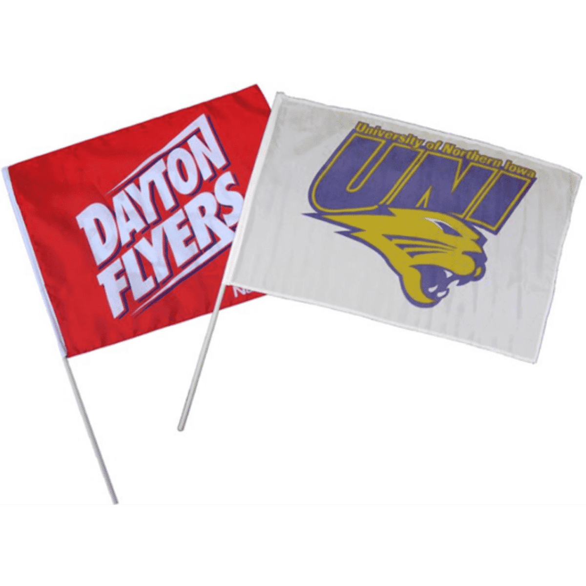 Two flags displayed: one red with "Dayton Flyers" and another in white with "University of Northern Iowa" and a yellow logo.