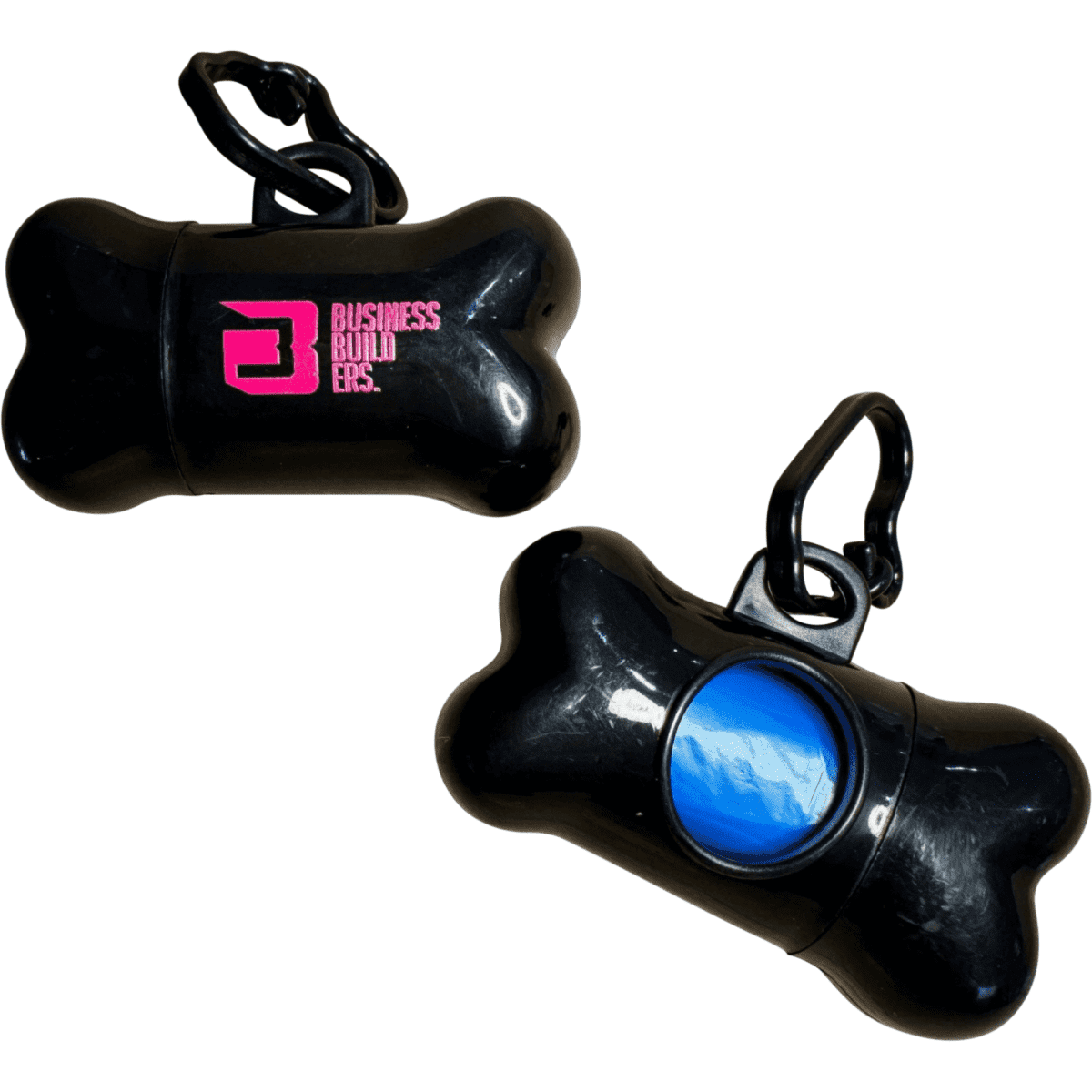 A black pet waste dispenser shaped like a bone, featuring a blue opening and a clip for attachment.