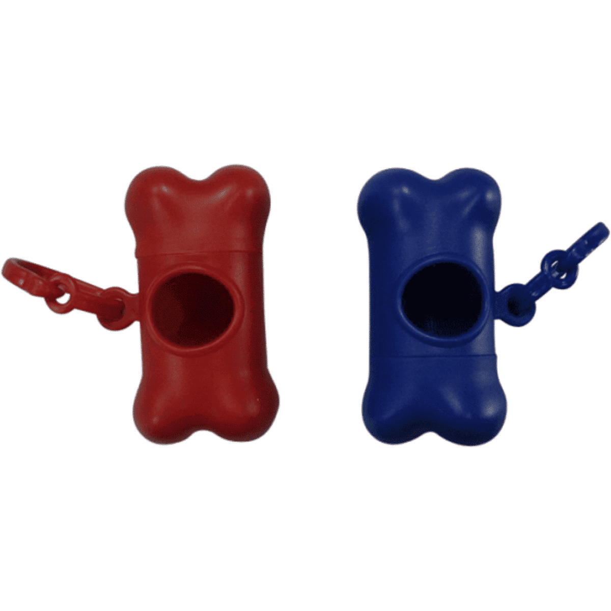 A red and a blue pet waste bag dispenser in a bone shape, featuring a clip for attachment and a logo.