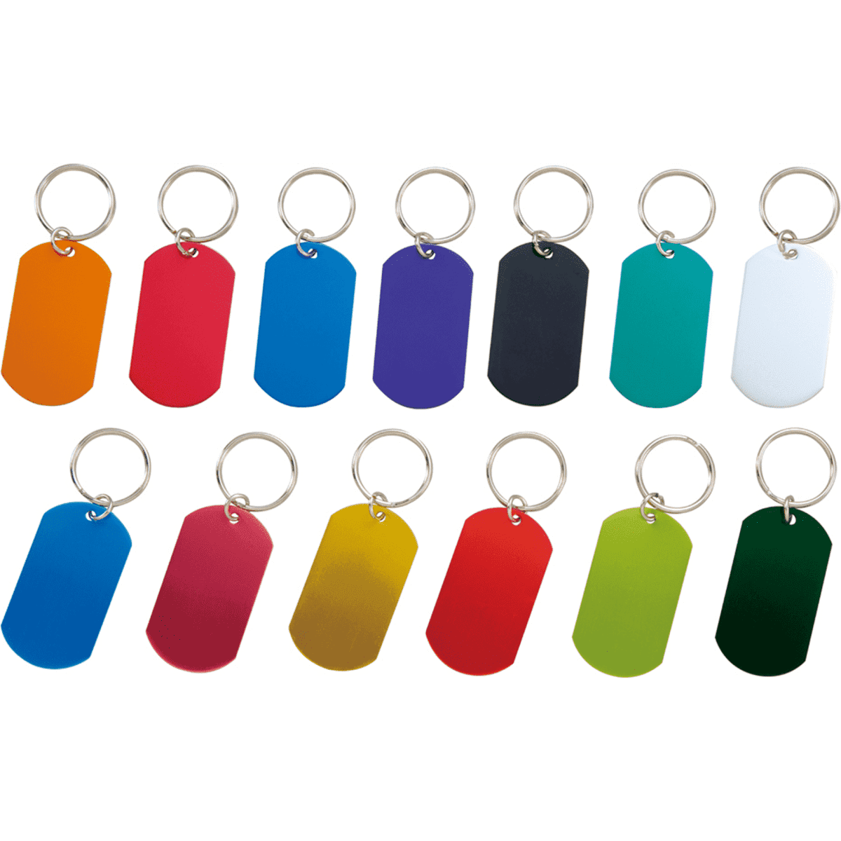 A variety of engraved dog tag keyrings in multiple colours, including orange, red, blue, purple, black, green, and white.