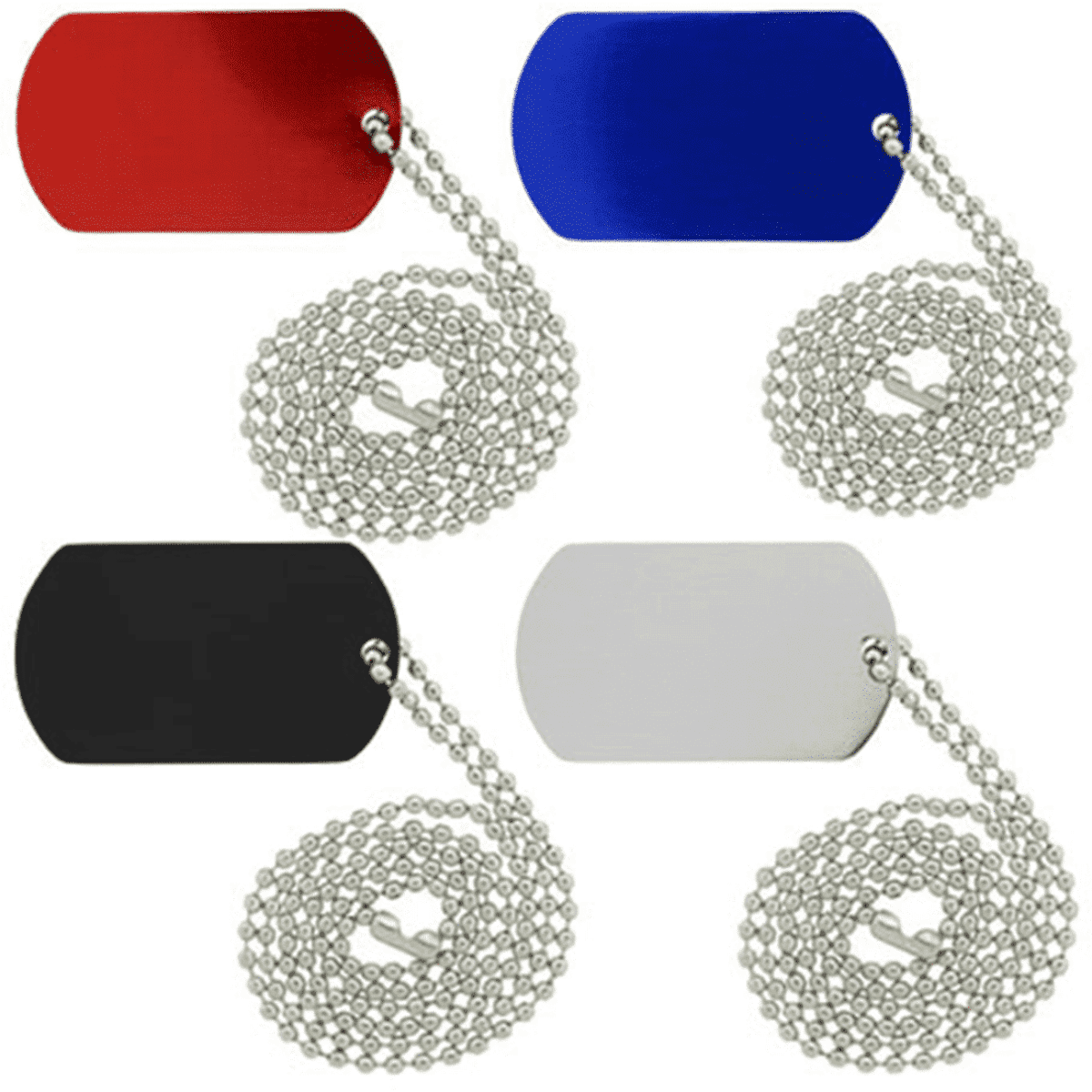 A set of dog tag necklaces in red, blue, black, and silver, each attached to a silver ball chain.