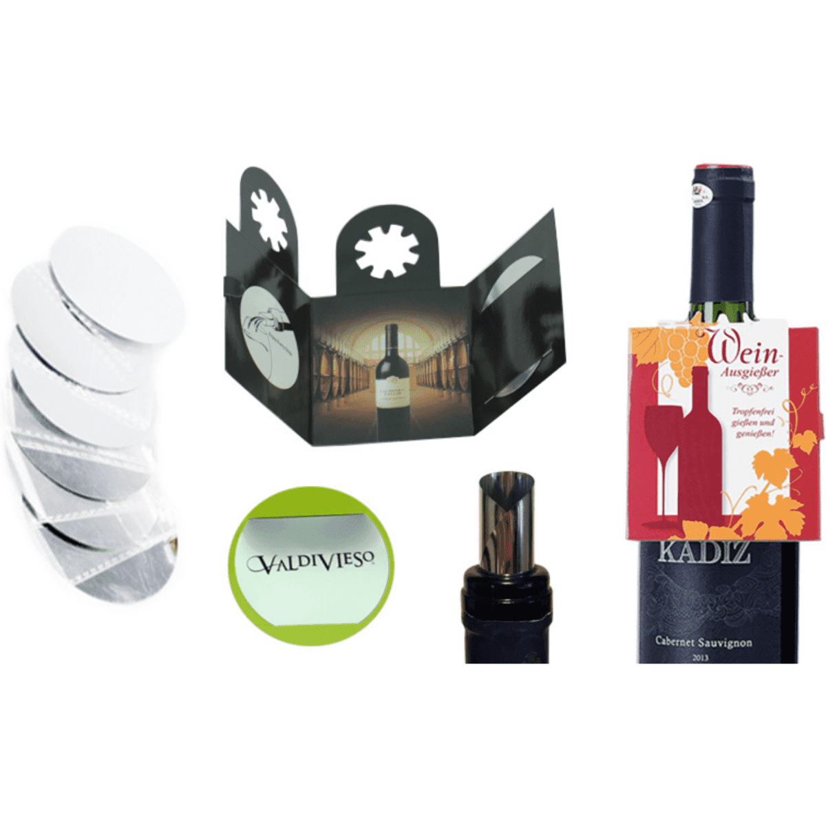 A wine pourer with a sleek design, accompanied by coasters and a wine bottle featuring a logo.