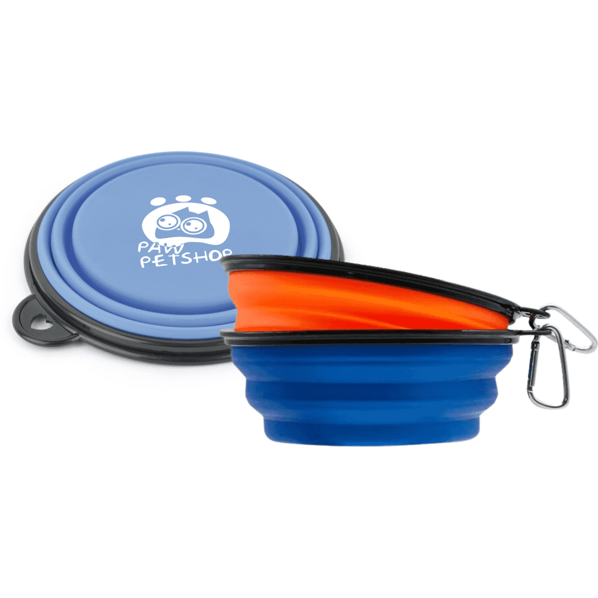 A collapsible silicone pet bowl in blue, with an orange bowl and a black carabiner, featuring a logo.