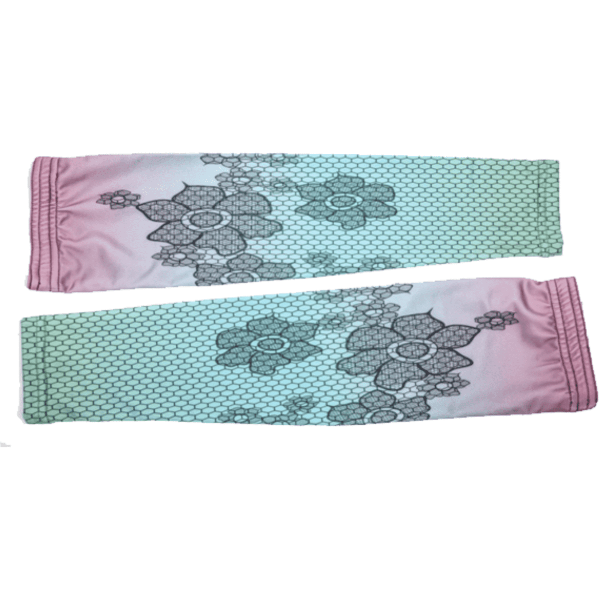 Sublimated arm sleeves in pastel pink and green with floral designs and a logo on the band.