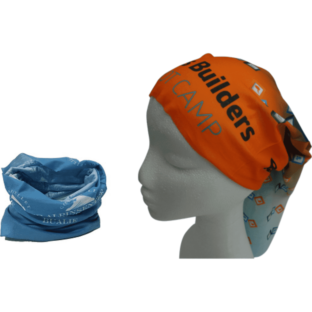 A bandana neck gaiter in orange and blue colours, displayed on a mannequin head and folded beside it. Features a logo.