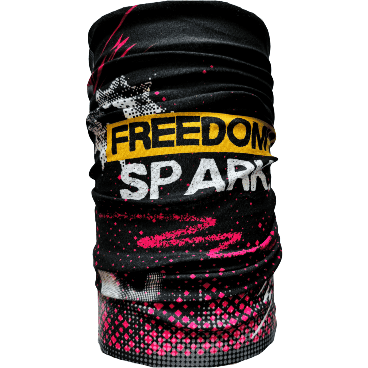 A black bandana neck gaiter with pink and yellow graphics, featuring a logo and bold patterns on both sides.