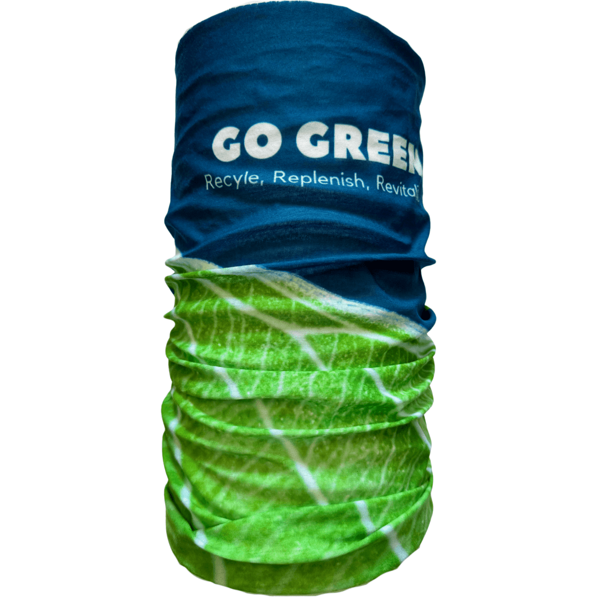 A blue and green bandana neck gaiter made from rPET fabric, featuring a logo and a leafy design.