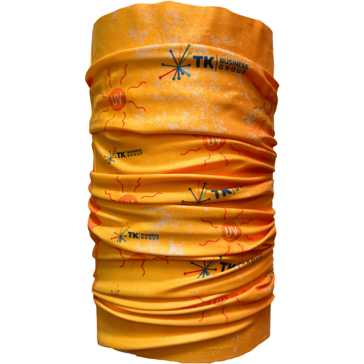 A yellow bandana neck gaiter with a UV fabric, featuring a repeated pattern and branding.