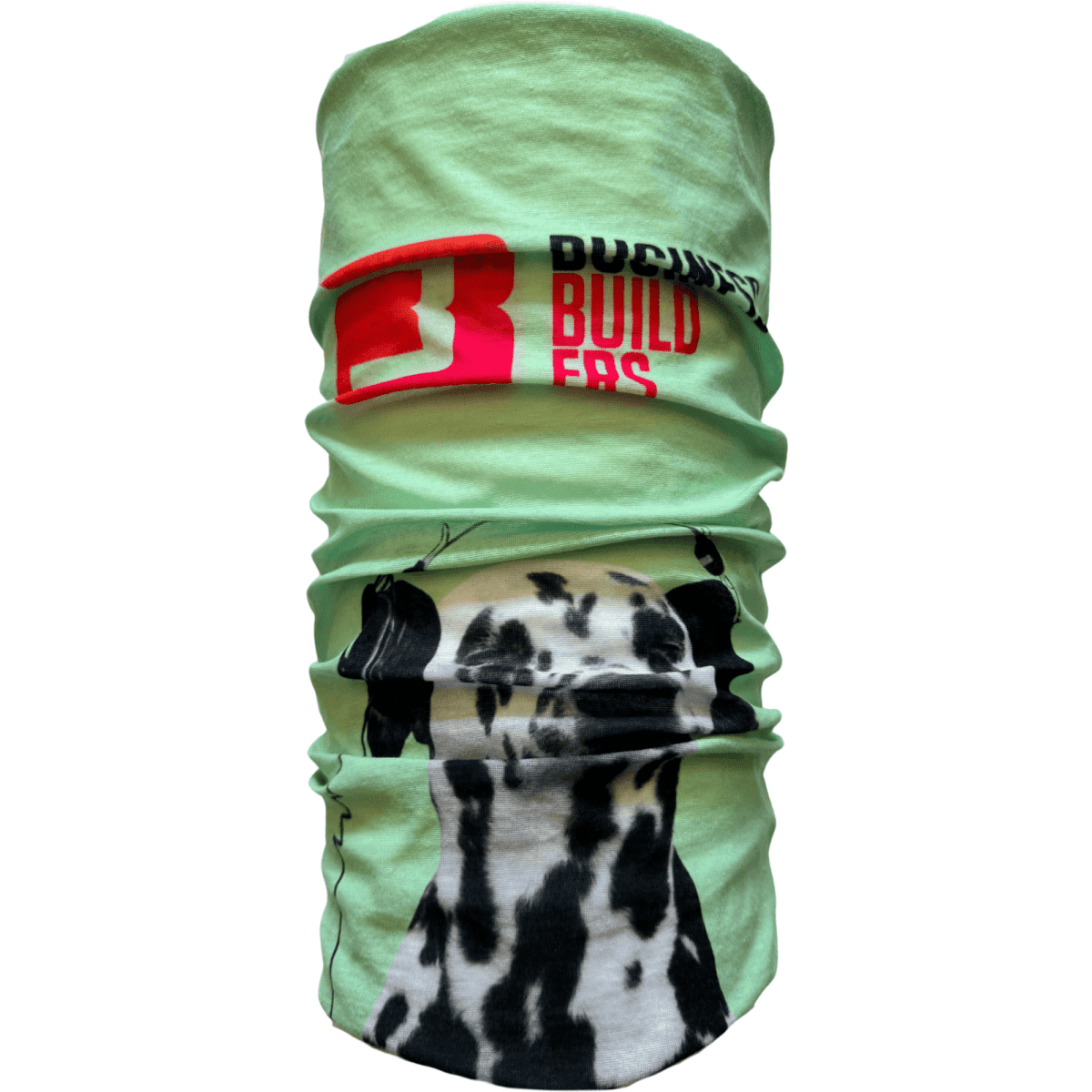 A mint green bandana neck gaiter featuring a black and white dog design and a logo. Made from rPET fabric, double-sided.