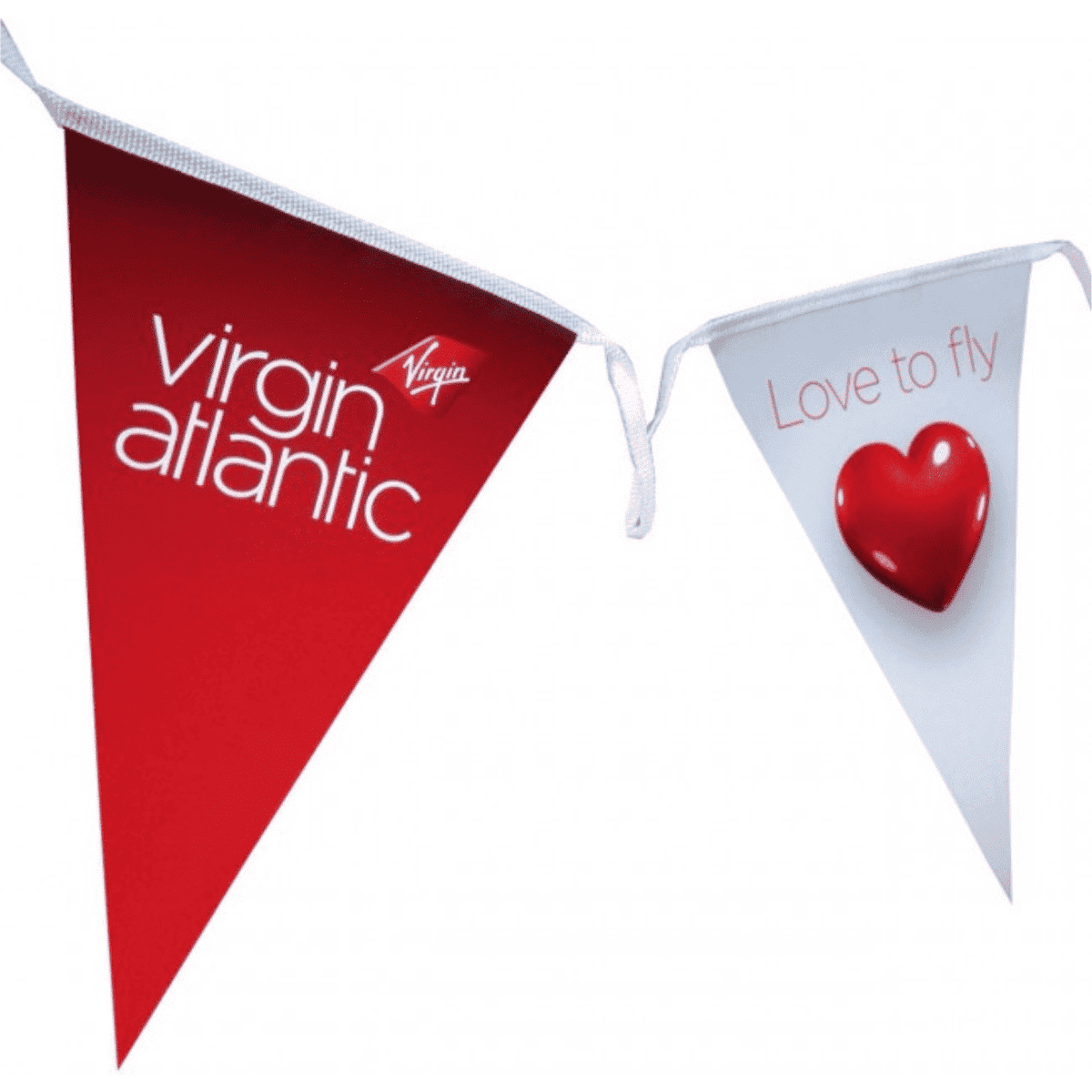 Bunting flags in red and white featuring a logo and heart design, laminated for durability.