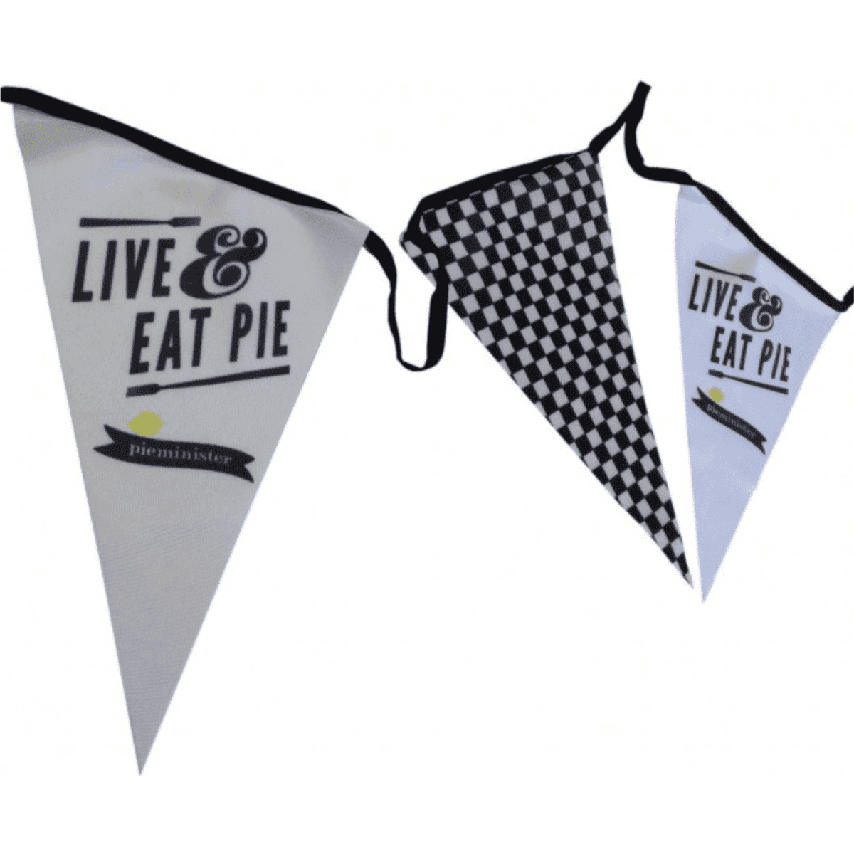 Bunting fabric flags in white and black, featuring printed designs including text and a checkered pattern.