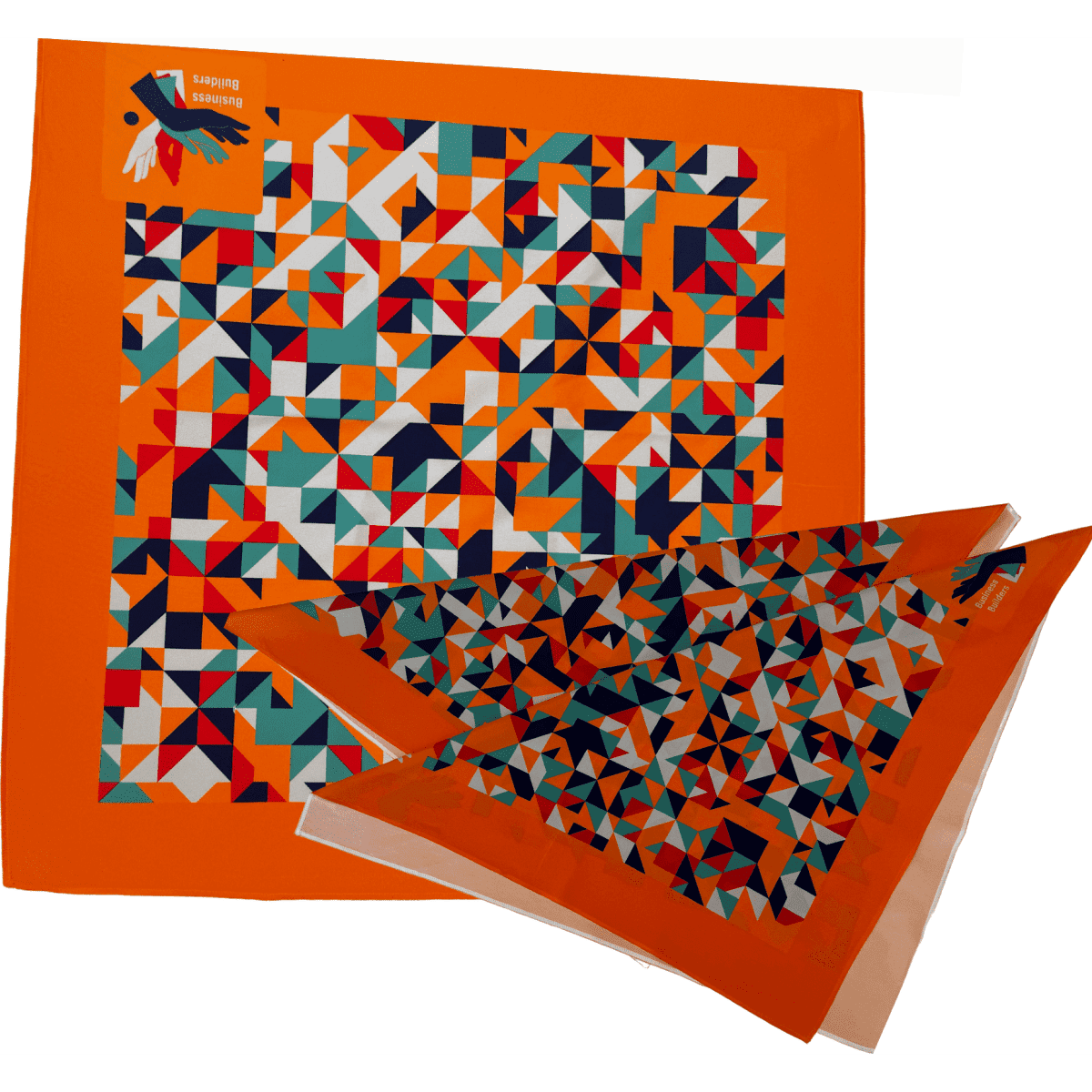 A square bandana kerchief in vibrant orange with a geometric pattern featuring various colours. Includes branding.