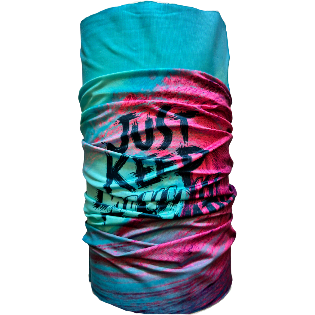 A vibrant, multi-coloured neck gaiter features a blue to pink gradient with text and has a logo.