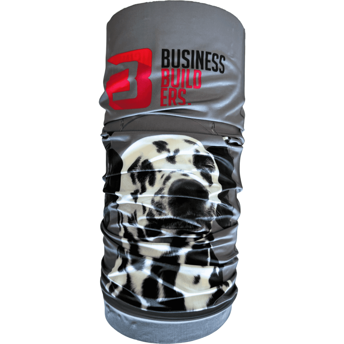 A grey bandana neck gaiter featuring a dog print and a logo. Suitable for outdoor activities, bulk packed.