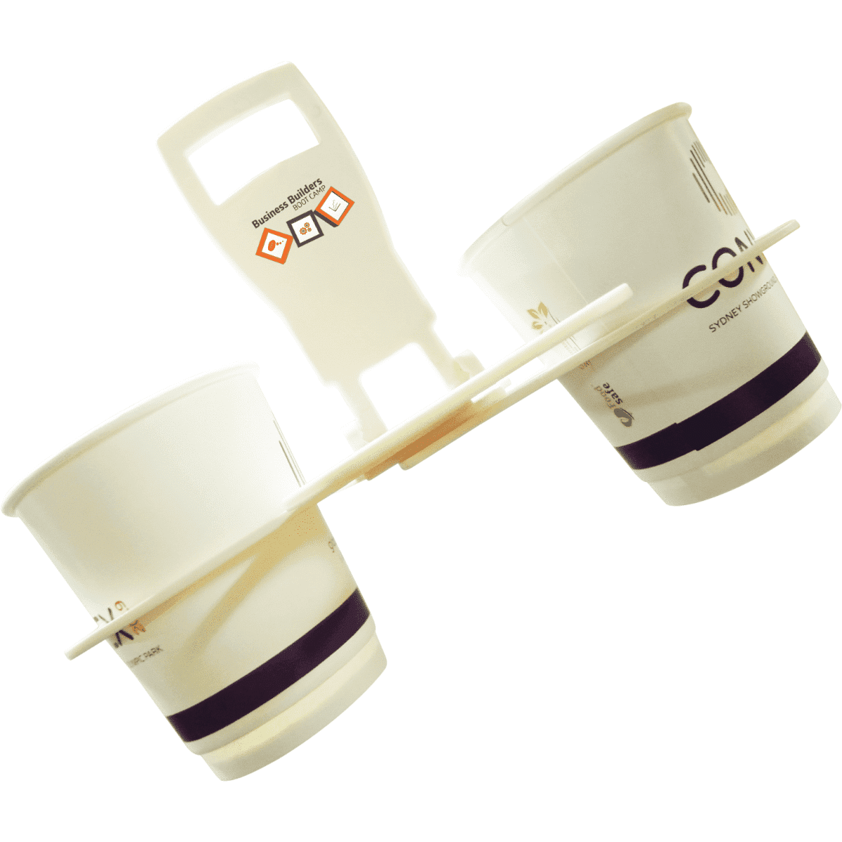 A drink carrier for four cups, featuring a white handle and two cup holders in cream with black accents.