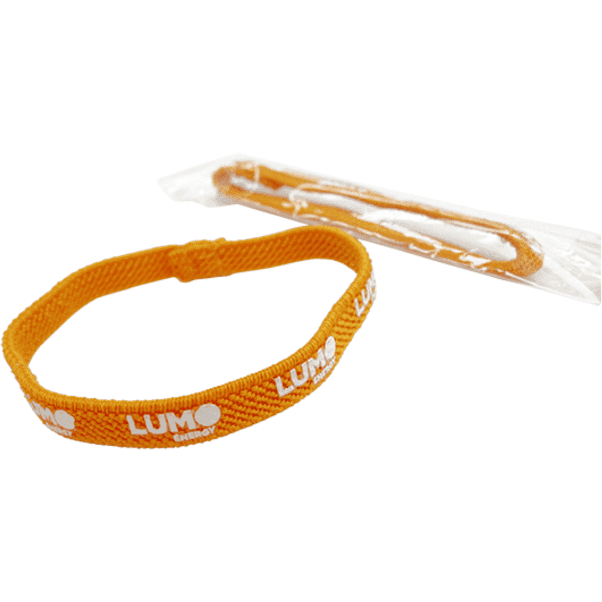 An orange hair elastic with a logo, packaged alongside an additional hair elastic.