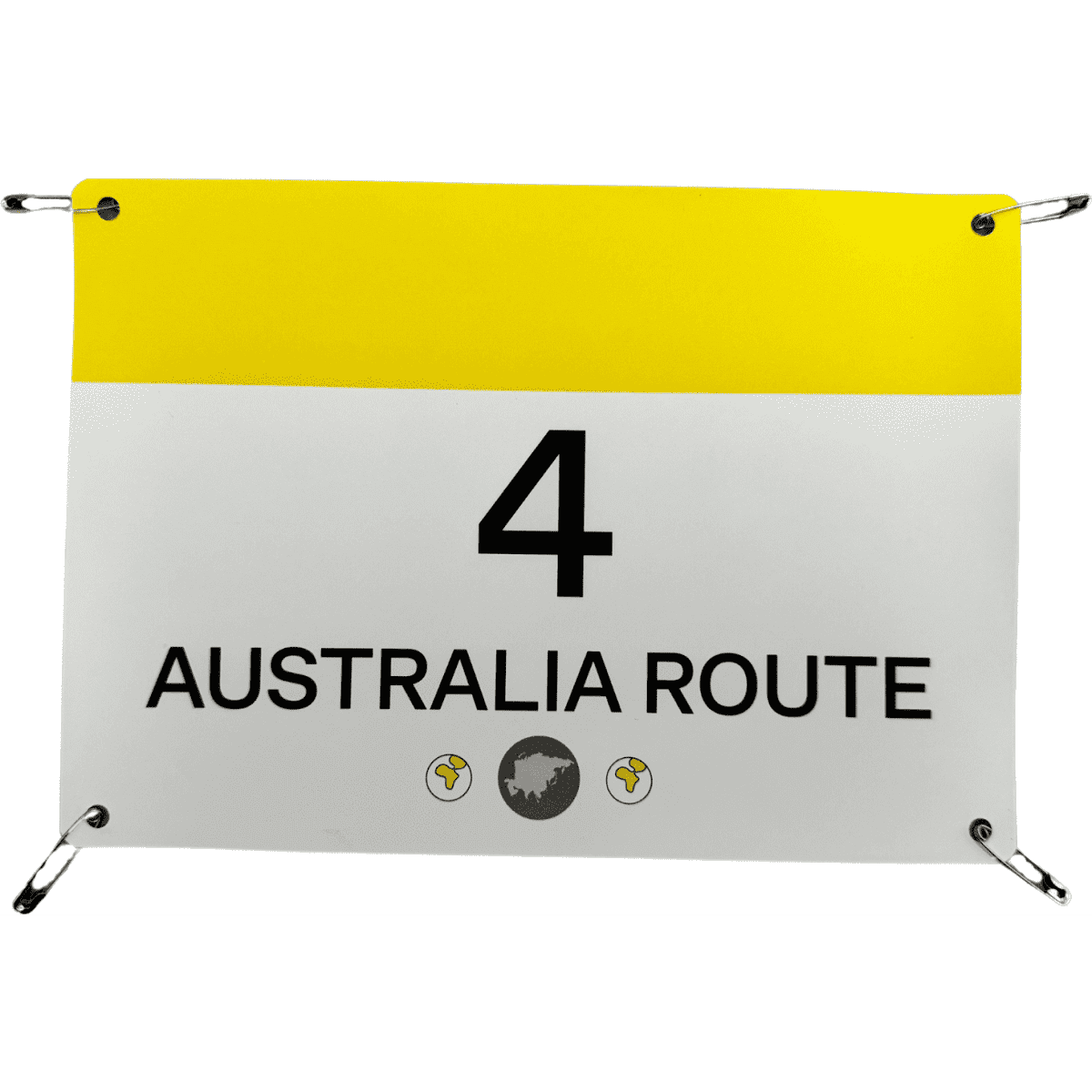 A promotional sports bib in white and yellow with the number 4 and a logo, featuring four pins attached.
