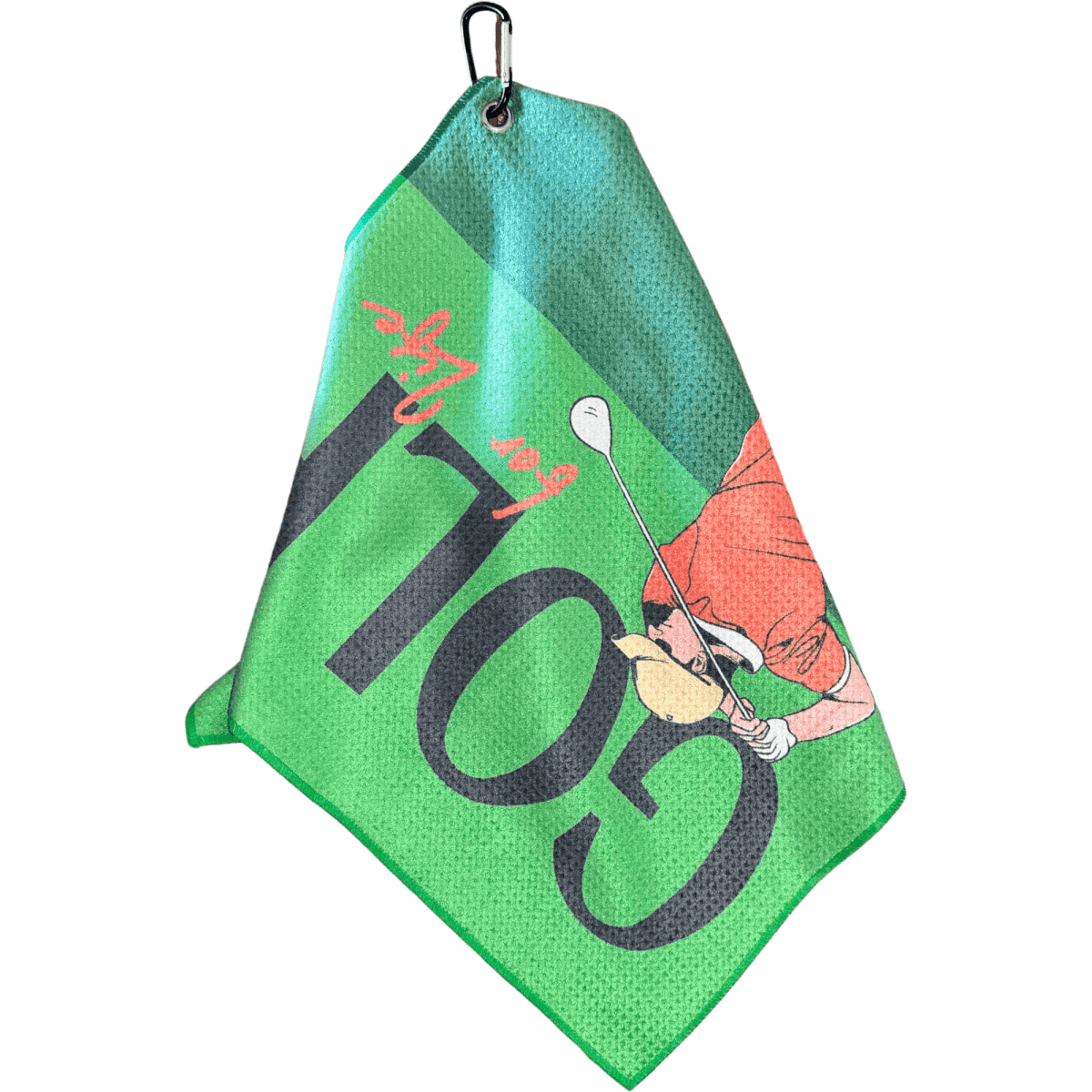 A green waffle cotton blend golf towel featuring a golf graphic and a logo, with a carabiner for attachment.
