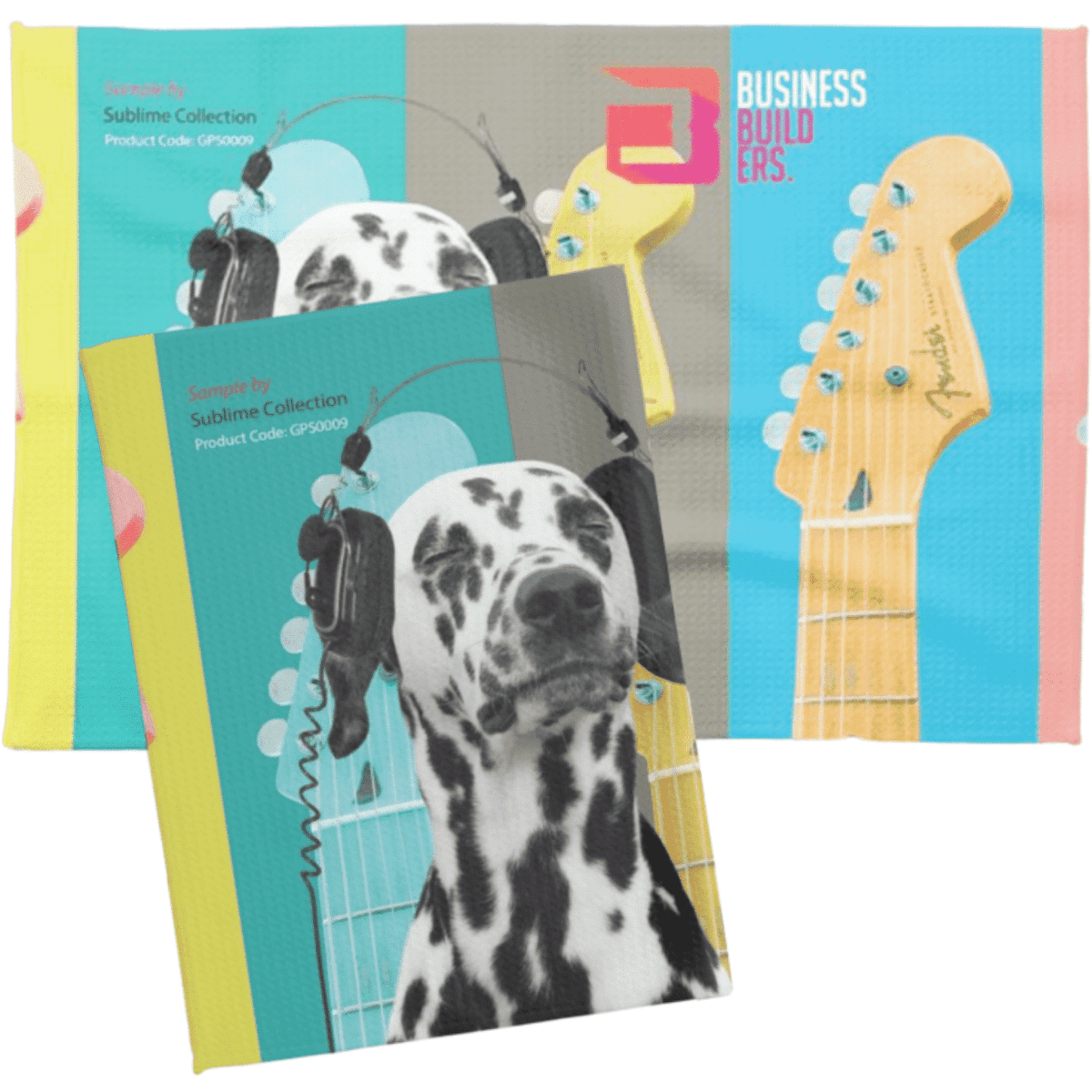 Waffle cotton blend tea towels in vibrant colours, featuring a dog with headphones and a guitar background, with branding.