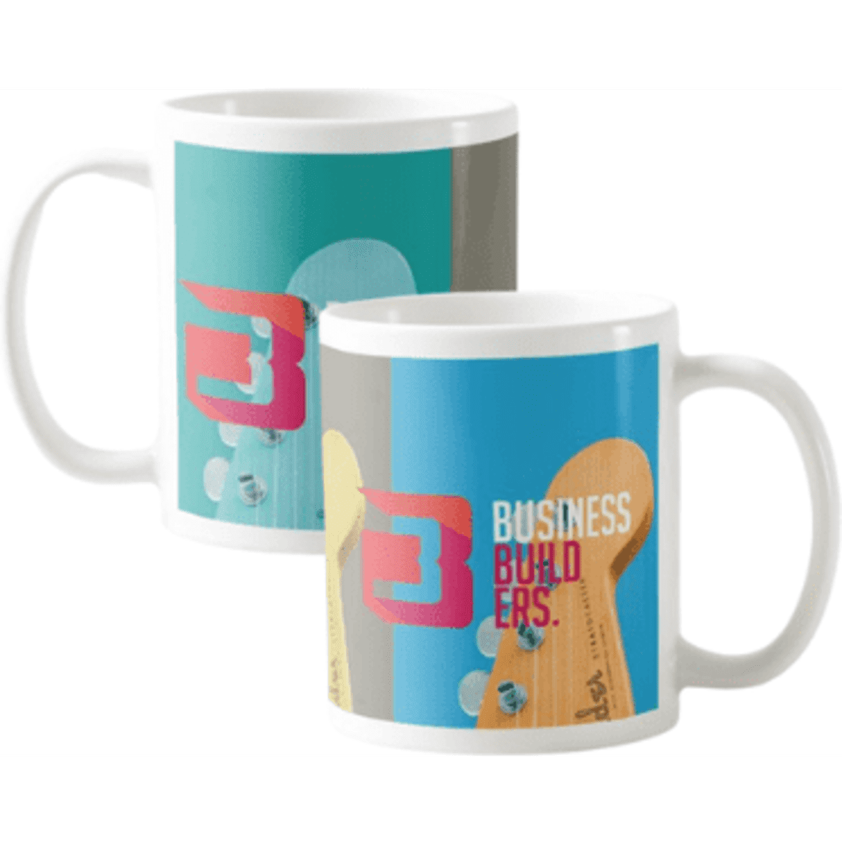 A white coffee mug featuring a colourful design and a logo, suitable for sublimation printing.