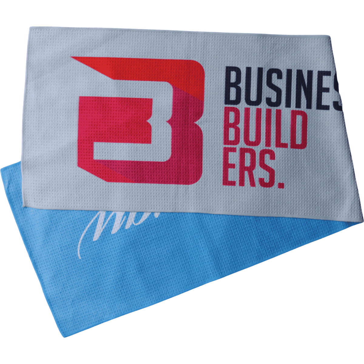 A Waffle Cotton Blend Gym Towel in blue and white, featuring a logo and text on one side.
