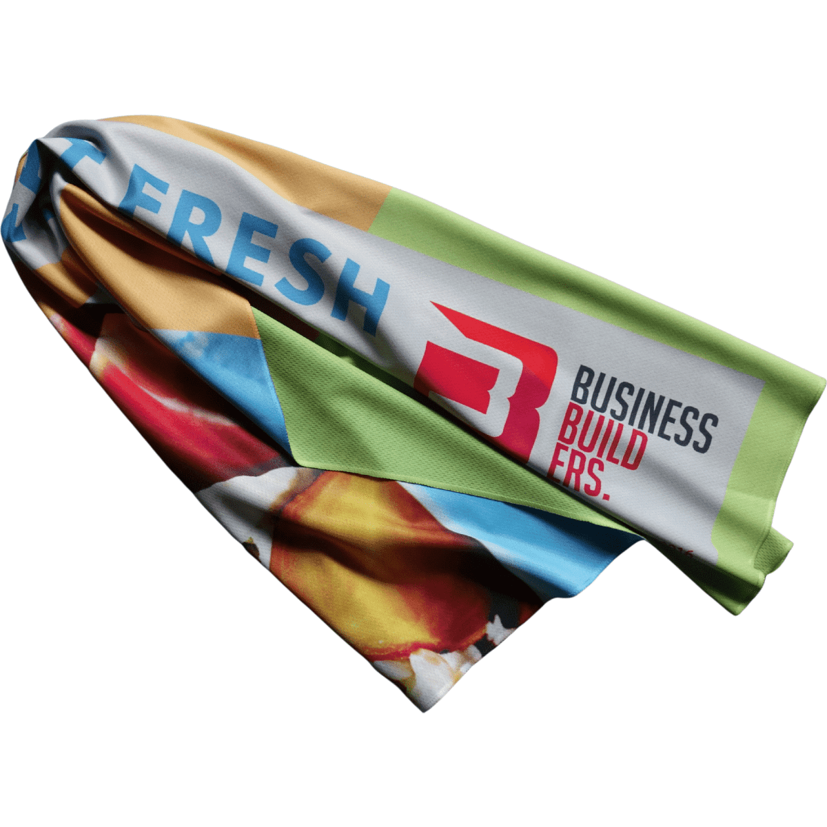 A vibrant, double-sided cooling towel featuring various colours and a logo, bulk packed for promotion.