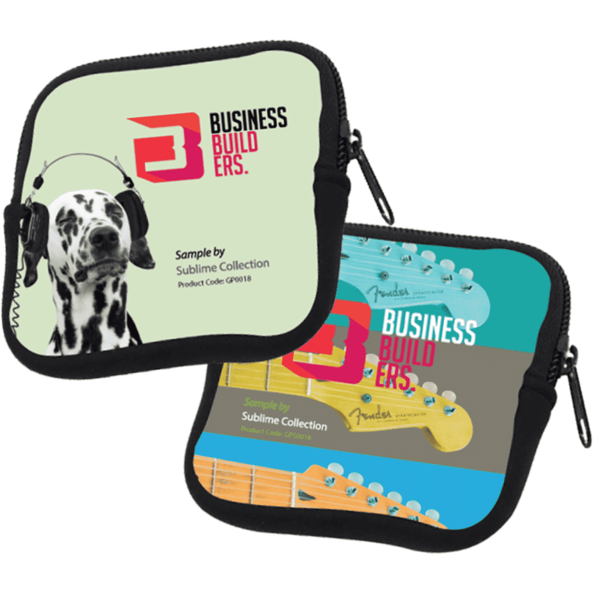 A neoprene zipper pouch featuring colourful designs on both sides, including a dog with headphones and guitars.