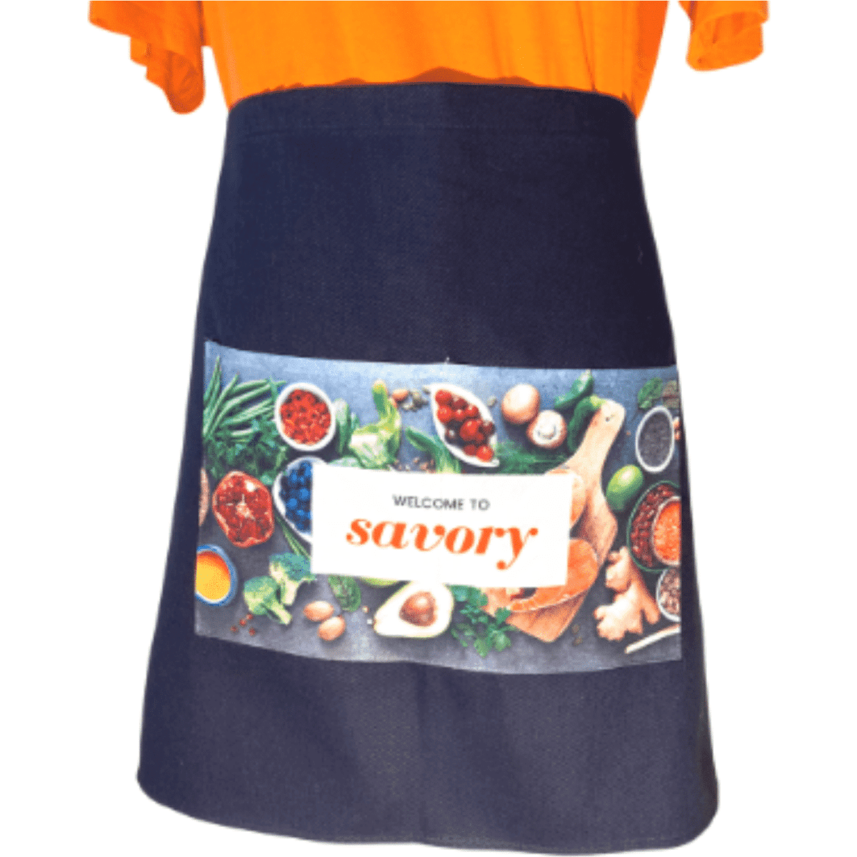 A blue cotton waist apron featuring a colourful food design and a logo on the front. Bulk packed for distribution.