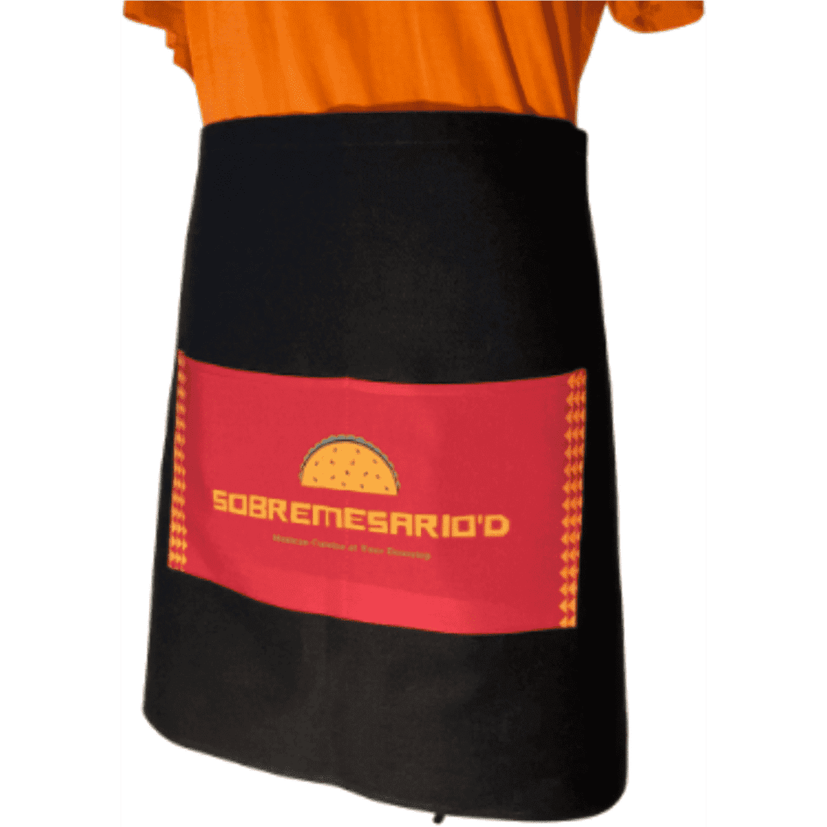 A black cotton waist apron with a colourful printed pocket featuring a logo. Suitable for promotional use.