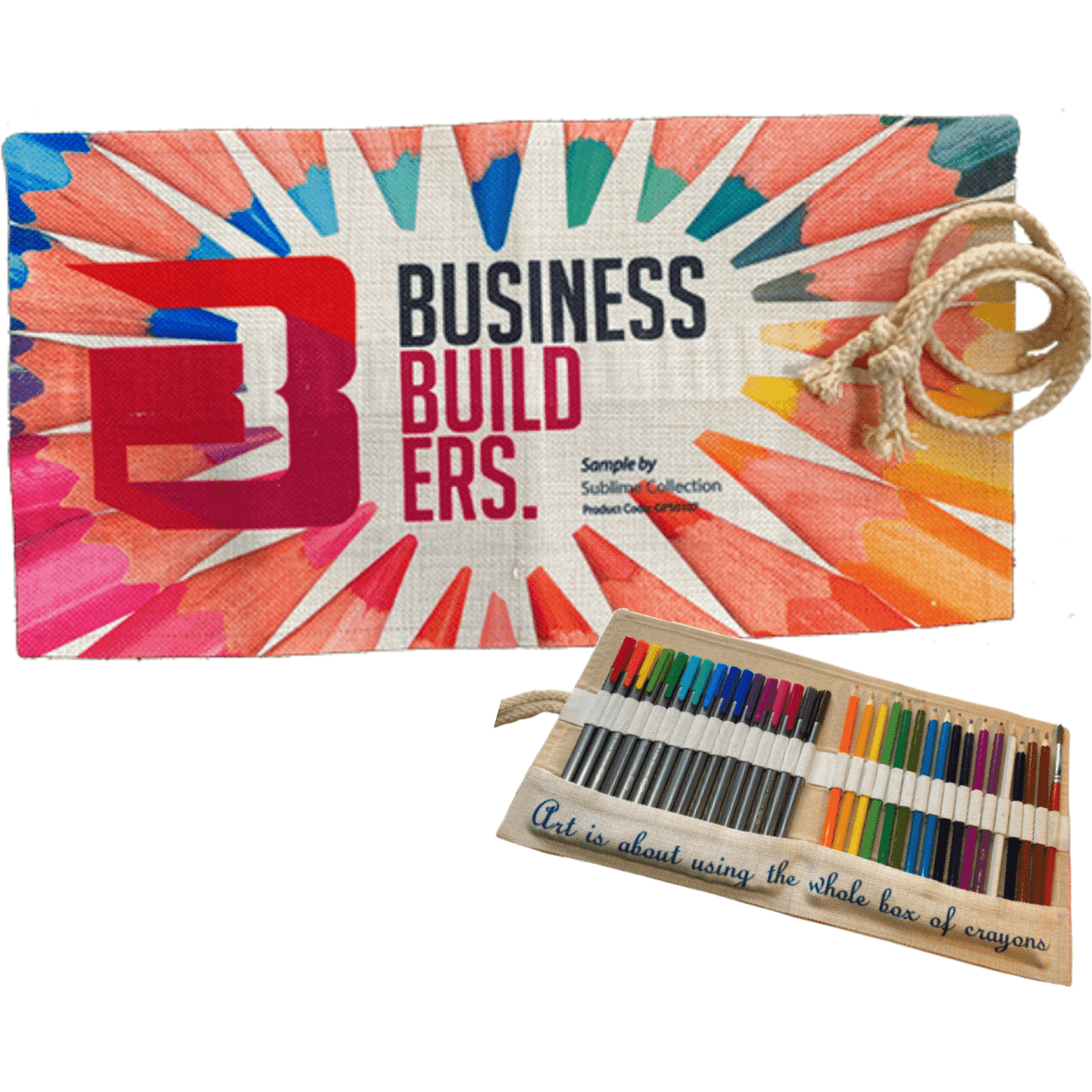 A linen pencil roll featuring a variety of coloured pencils, with a vibrant printed background and a rope tie.
