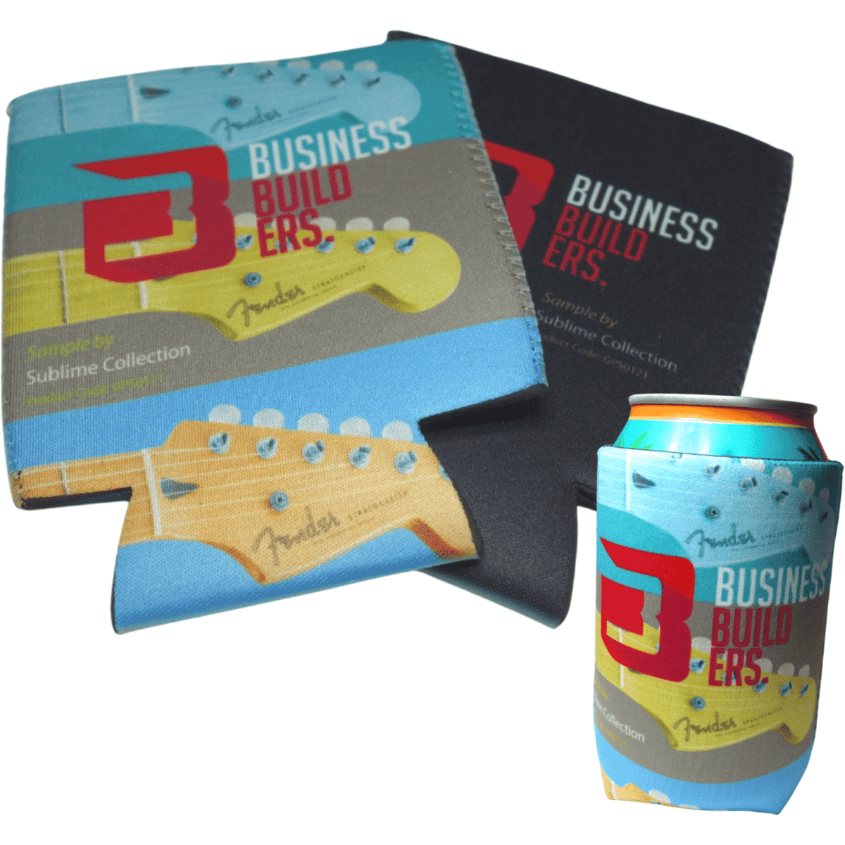 A stubby holder featuring a colourful guitar design, alongside a black holder, with a branding logo visible.