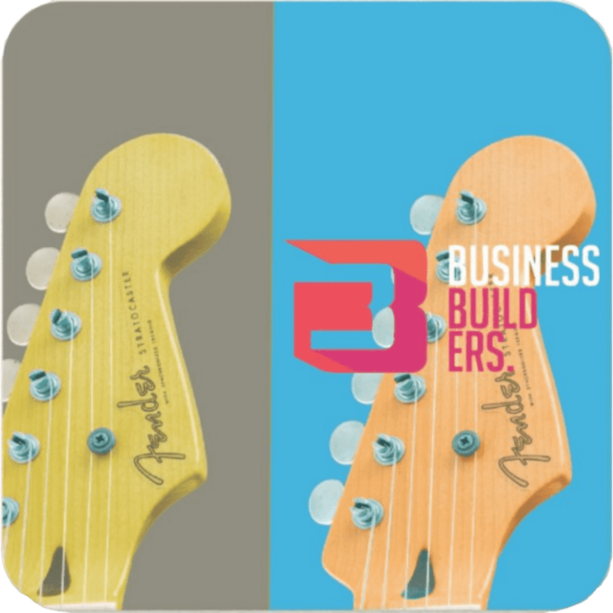 A full colour neoprene coaster featuring a guitar headstock in yellow and blue, with a logo present.