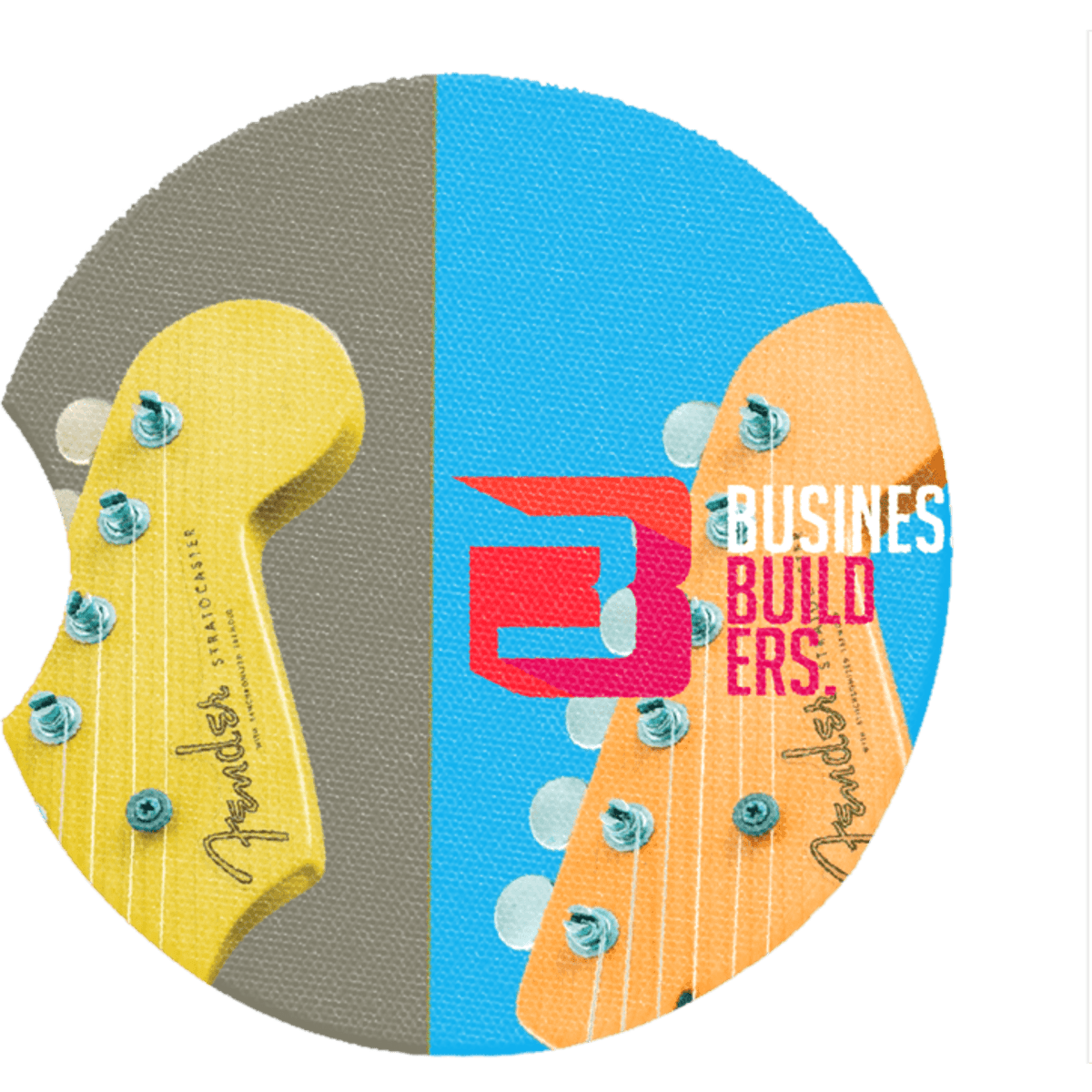 A circular neoprene car cup coaster featuring a split design with yellow and orange guitar necks and a logo.