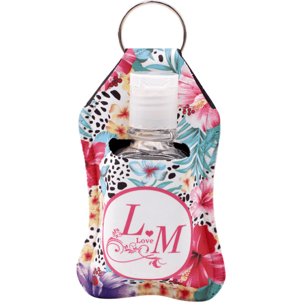 A vibrant floral sanitiser holder with a clear bottle and a ring for attachment, featuring a circular logo.